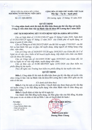 QUYẾT ĐỊNH CÔNG NHẬN DANH SÁCH THÍ SINH ĐỦ ĐIỀU KIỆN  THI VẤN ĐÁP VÒNG 2 ĐỢT 2 NĂM 2025