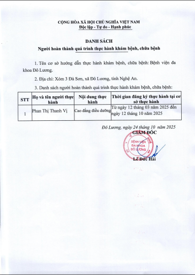 Thông báo người hoàn thành quá trình thực hành khám chữa bệnh