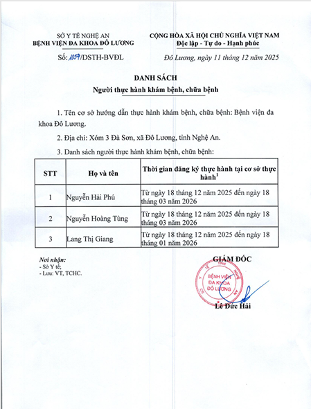 THÔNG BÁO DANH SÁCH NGƯỜI THỰC HÀNH KHÁM BỆNH, CHỮA BỆNH