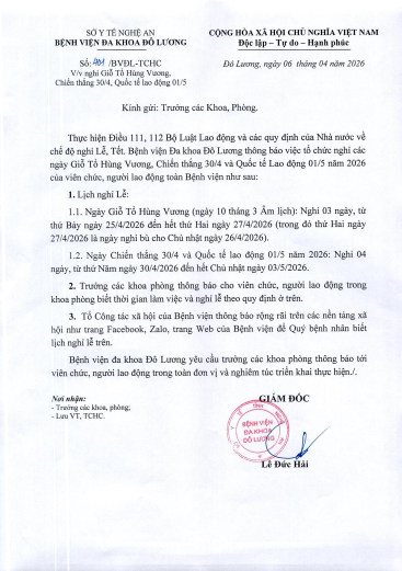 THÔNG BÁO NGHỈ LẾ GIỖ TỔ HÙNG VƯƠNG, CHIẾN THẮNG 30/04 VÀ QUỐC TẾ LAO ĐỘNG 01/05