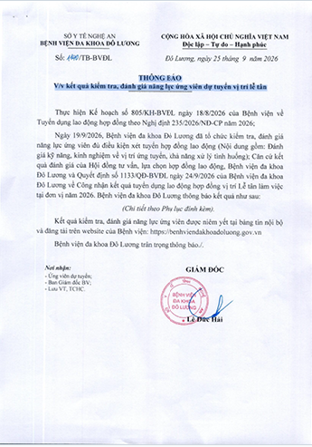Thông báo về việc kết quả kiếm tra, đánh giá năng lực ứng viên dự tuyến vị trí lễ tân